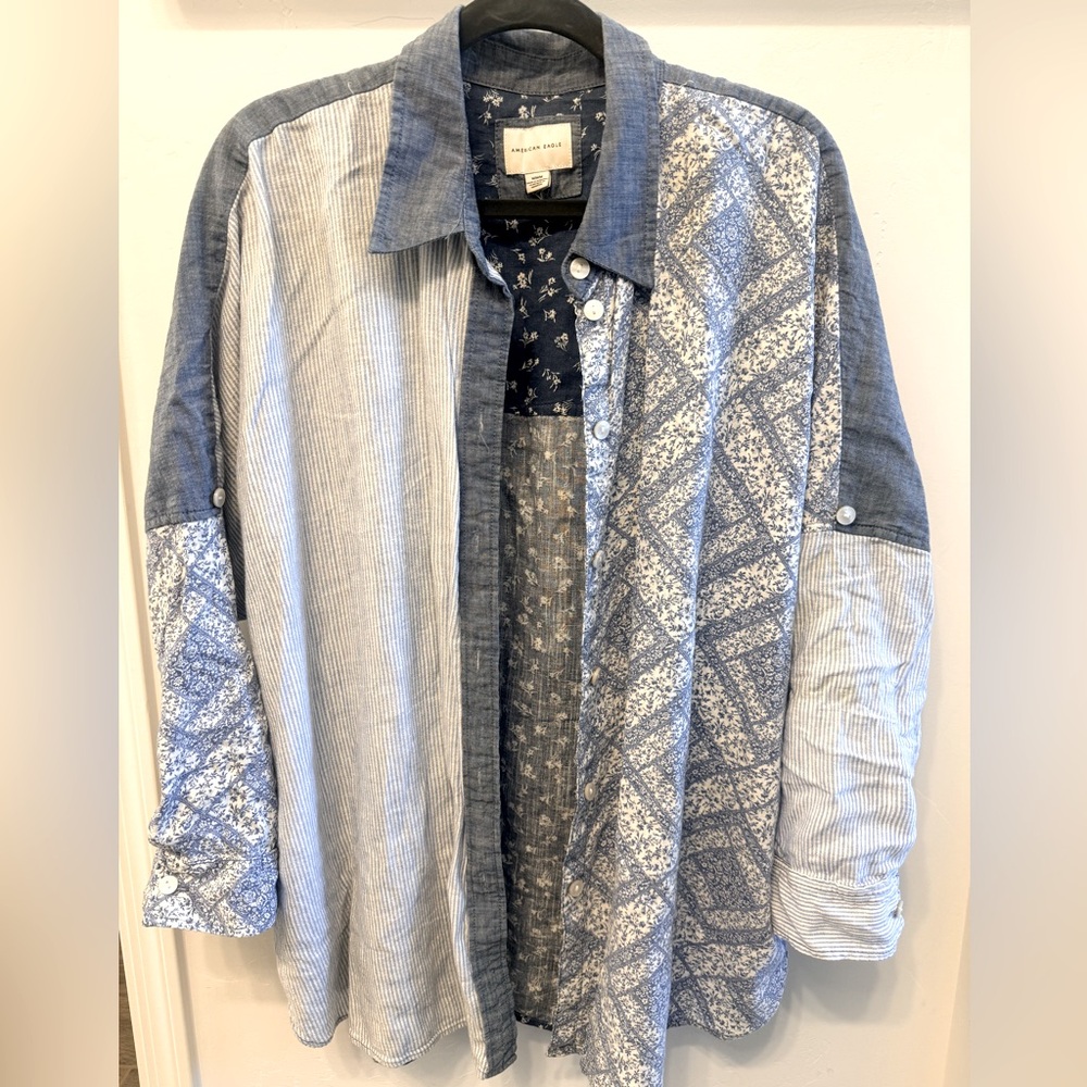American Eagle Blue Patchwork Button-Up Shirt Jacket